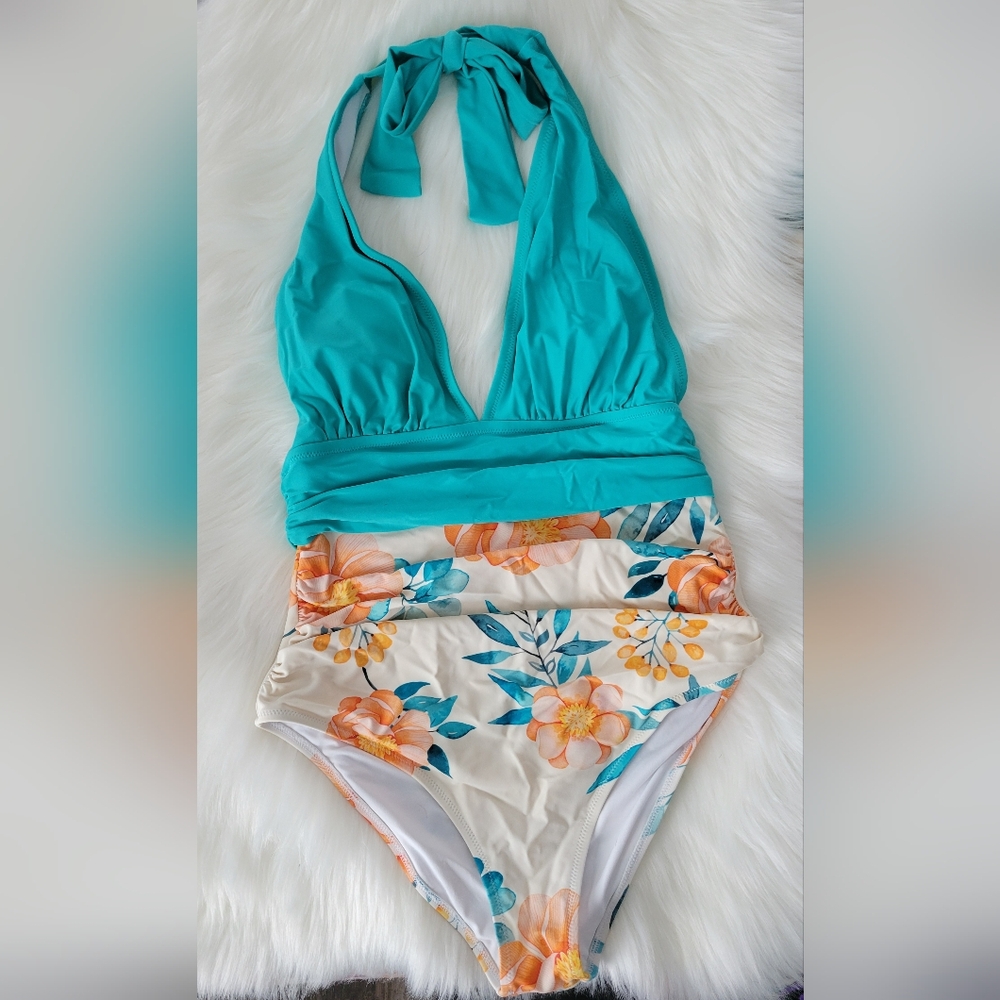 Cupshe aqua tropical floral swimsuit